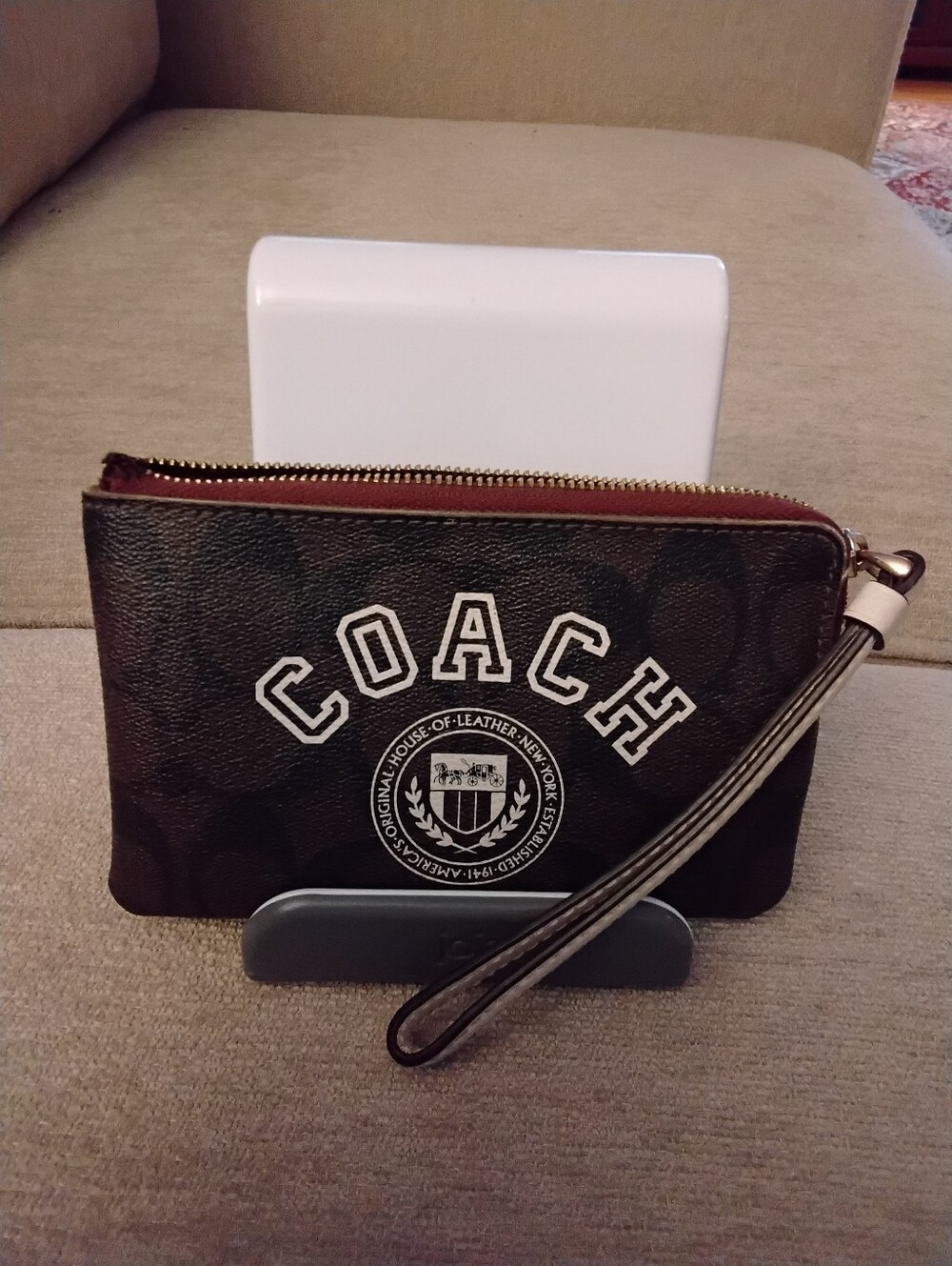 Coach Varsity Motiff Brown Signature Logo Wristlet with Tan Leeather Trim
